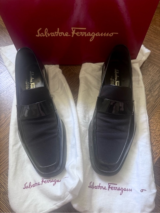 Salvatore Ferragamo Black Patent & Fabric Slip-On Loafers